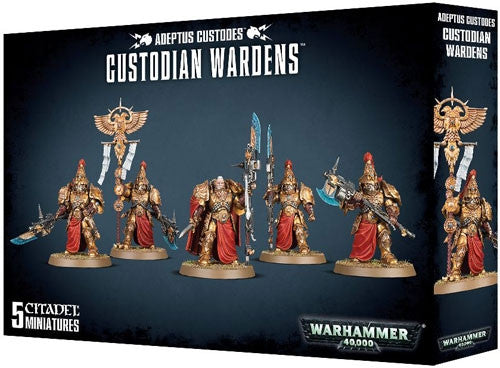 Warhammer 40k: Adeptus Custodes - Custodian Wardens box by Games Workshop; five gold-armored warrior miniatures with weapons on a dark background. Miniatures are supplied unpainted.