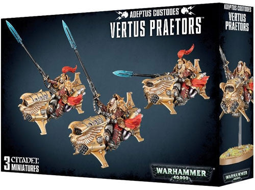 Box of Warhammer 40k: Adeptus Custodes - Vertus Praetors, three armored warriors with red capes on golden jetbikes holding blue-tipped lances.