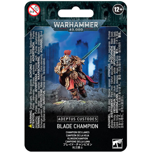 The Warhammer 40k: Adeptus Custodes - Blade Champion miniature from Games Workshop features detailed armor, an age 12+ warning, and is displayed in packaging against a dark, ruined city backdrop.