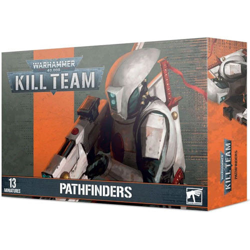 Box of Warhammer 40k: Kill Team - Pathfinders (Legacy Kit), featuring sci-fi artwork of an armored figure wielding a weapon. The packaging highlights 13 miniatures and showcases a futuristic, tactical design from Games Workshop.