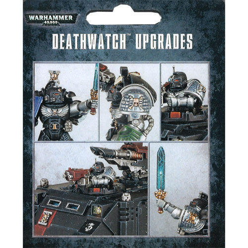 Box art for Warhammer 40k: Deathwatch Upgrades by Games Workshop, showing close-ups of Deathwatch Space Marine miniatures, weapons, shoulder pads, and a vehicle with upgrade parts against a dark background.
