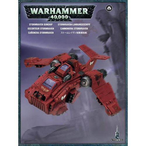 Box cover art for Warhammer 40k: Stormraven Gunship by Games Workshop, showing a red Stormraven flying in a purple cloudy sky.