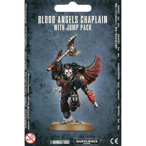 A painted Warhammer 40k: Blood Angels Chaplain with Jump Pack in black and red armor on a 32mm base in Games Workshop packaging.