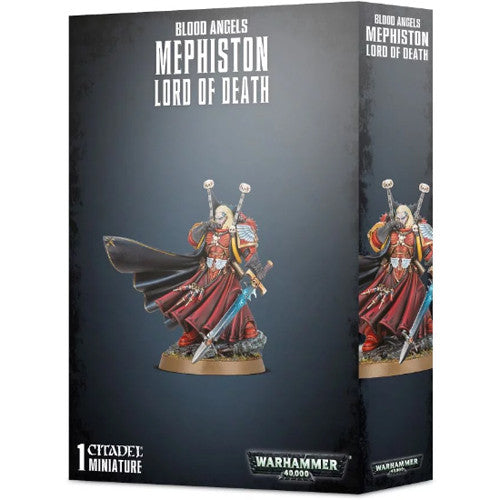 Box containing Warhammer 40k: Blood Angels - Mephiston, Lord of Death miniature by Games Workshop. The packaging displays a painted figure in red armor and a black cape, wielding both a sword and gun against a dark backdrop. Includes a Citadel Round Base.