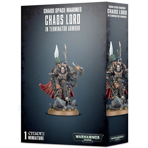 Box of Warhammer 40k: Chaos Space Marines - Chaos Lord in Terminator Armor from Games Workshop, featuring a painted miniature figure wielding weapons and clad in ornate Terminator armour.