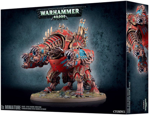 Box art for Warhammer 40k: Chaos Space Marines Forgefiend kit by Games Workshop, showing a large red armored mechanical beast.