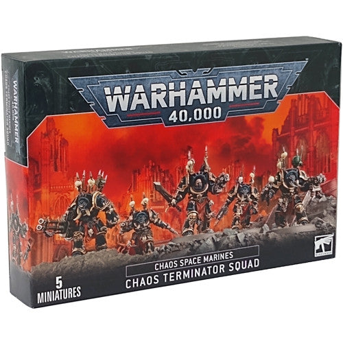 The Warhammer 40k: Chaos Space Marine - Chaos Terminator Squad has five detailed miniatures amid a fiery red ruined city backdrop.
