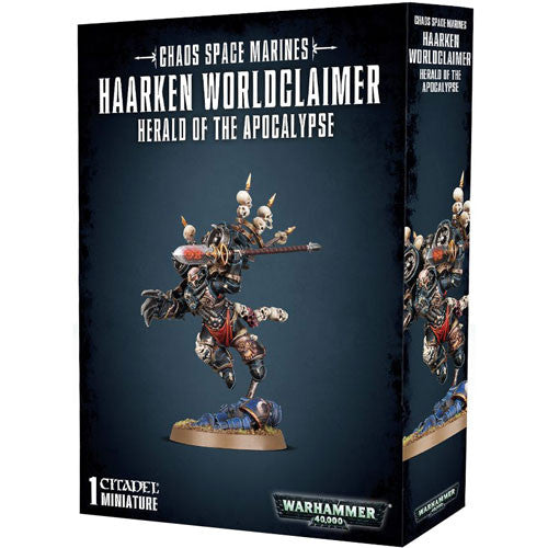 Box of Warhammer 40k: Chaos Space Marines - Haarken Worldclaimer, Herald of the Apocalypse miniatures. Produced by Games Workshop, the packaging features the fully painted model displayed on a base adorned with skulls and spikes.