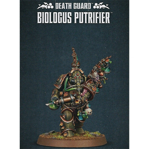 A painted Warhammer 40k: Death Guard - Biologus Putrifier stands on a Citadel 40mm base, with green armor, tubes, vials, and a skull.