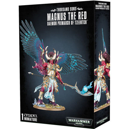 Warhammer 40k: Thousand Sons Magnus the Red is a plastic miniature kit featuring the Daemon Primarch with wings, red skin, ornate armor, horns, and a large staff.