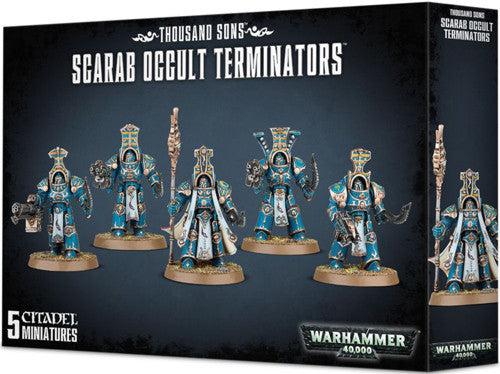 Box of Warhammer 40k: Thousand Sons Scarab Occult Terminators with five blue and gold armored miniatures, title and branding.