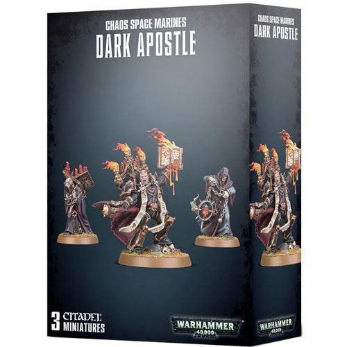 Box of Warhammer 40k: Chaos Space Marines - Dark Apostle miniatures with three figures—robed leader and two hooded attendants.