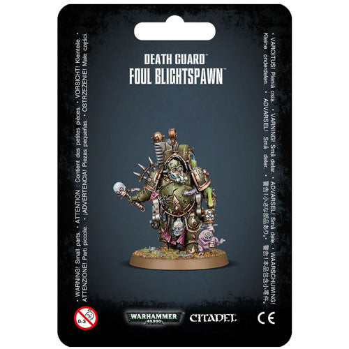 Packaging for Warhammer 40k: Death Guard - Foul Blightspawn. Unpainted miniature of a mutated warrior with a tank on its back.
