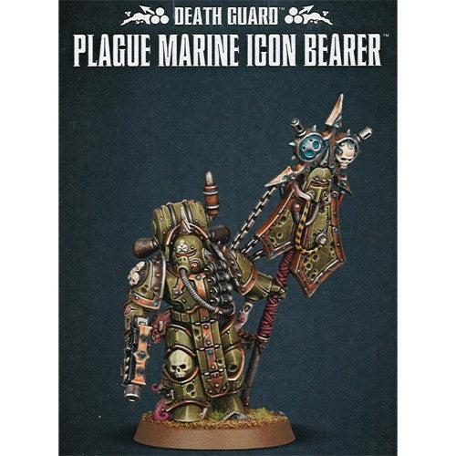 A painted Warhammer 40k: Death Guard Plague Marine Icon Bearer in green armor holds a spiked, plague-ridden banner with skulls and pipes, displayed on a Citadel 32mm Round base against a dark background.