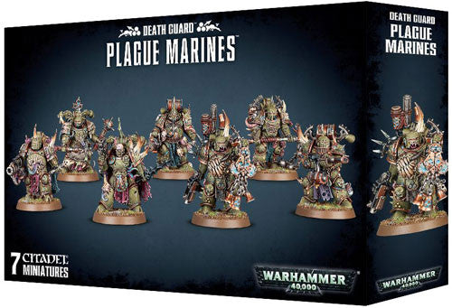 Box of Warhammer 40k: Death Guard - Plague Marines, showing seven detailed, unpainted Plague Marine miniatures on the front.