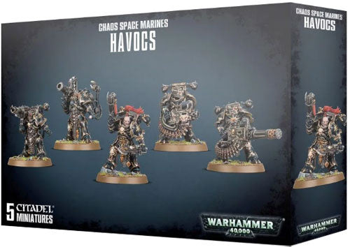 Warhammer 40k: Chaos Space Marines - Havocs by Games Workshop includes five heavy weapon miniatures, showcased painted on the front of the box.