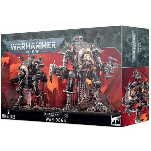 The Warhammer 40k: Chaos Knights - War Dogs box includes 2 detailed miniatures and artwork of Knights in a fiery battlefield.
