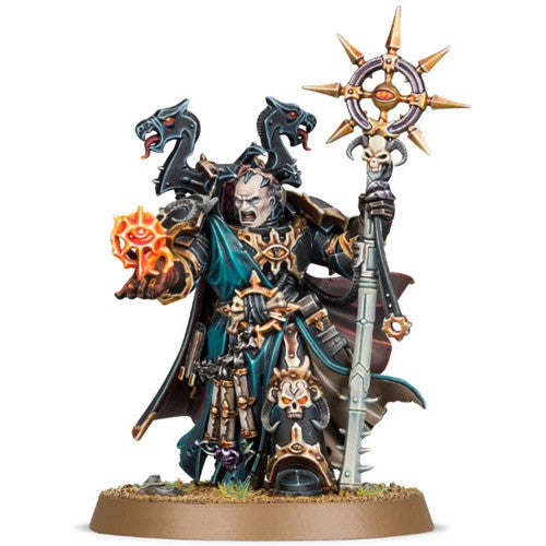 The Warhammer 40k: Chaos Space Marines - Sorcerer is a detailed miniature in ornate armor, wielding a spiked sun staff and red orb, with a cloak showing black dragon heads, standing on a round base.