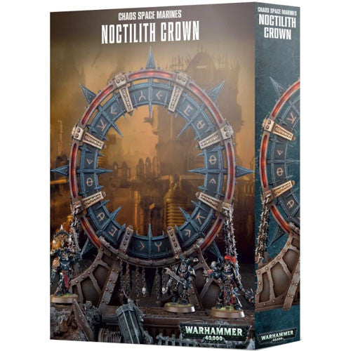 Box art for Warhammer 40k: Chaos Space Marines – Noctilith Crown shows a spiked, gothic terrain and two armored miniatures in a dark, industrial setting.