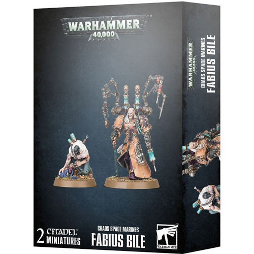Warhammer 40k: Chaos Space Marines - Fabius Bile kit includes miniatures of Fabius Bile and an assistant, shown painted on the box with the label: “Chaos Space Marines Fabius Bile, 2 Citadel Miniatures.”.