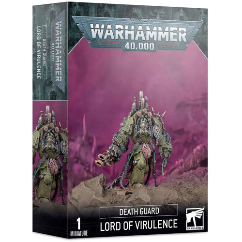 Warhammer 40k: Death Guard - Lord of Virulence box for Games Workshop features a painted armored figure with guns and mechanical details standing in a pink, smoky battlefield on the cover.