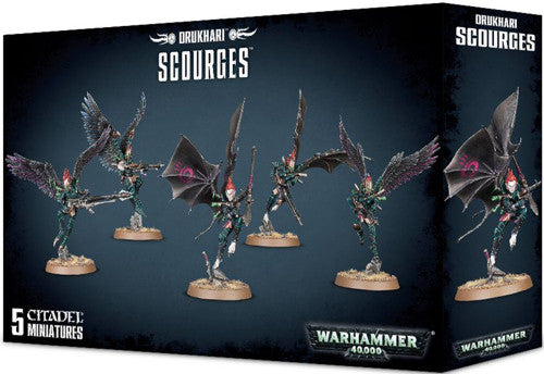 The Warhammer 40k: Drukhari Scourges box shows five painted winged miniatures, Citadel Miniatures branding, and the Warhammer 40,000 logo.
