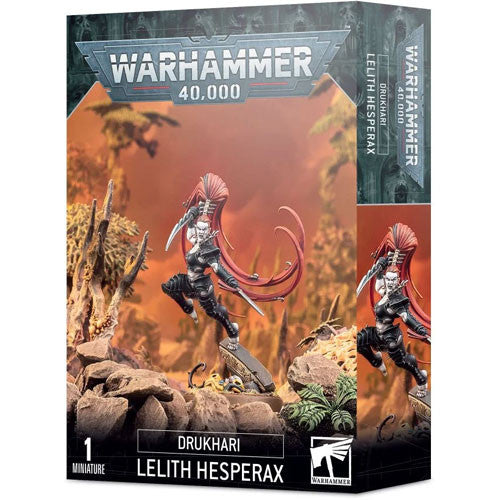 The Warhammer 40k: Drukhari - Lelith Hesperax box by Games Workshop features a painted figure with red hair and dual blades, standing on rocks before a fiery backdrop.