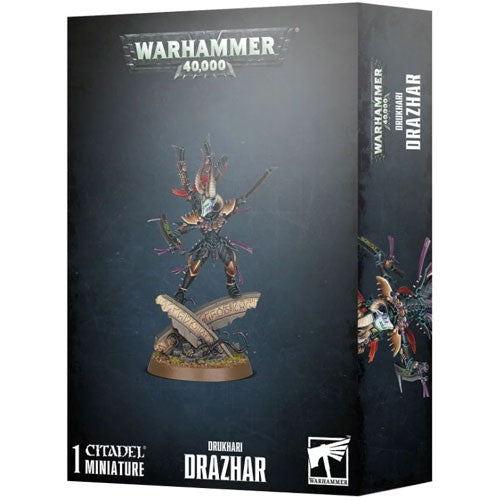 The Warhammer 40k: Drukhari - Drazhar box showcases a meticulously assembled and painted Drazhar miniature in an action-packed pose, highlighting intricate plastic details and the official Games Workshop branding set against a dark background.