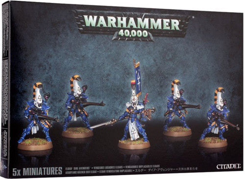 A box of Warhammer 40k: Eldar Dire Avengers includes five painted Aeldari figures in blue and white armor with weapons and tall helmets.