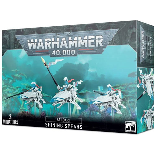 The Warhammer 40k: Aeldari - Shining Spears box shows three white and blue miniatures on jetbikes with lances on a sci-fi backdrop.