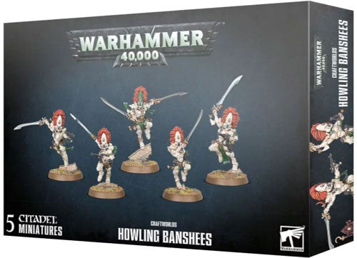 A box of Warhammer 40k: Craftworlds - Howling Banshees with five white-armored, red-haired miniatures wielding swords.
