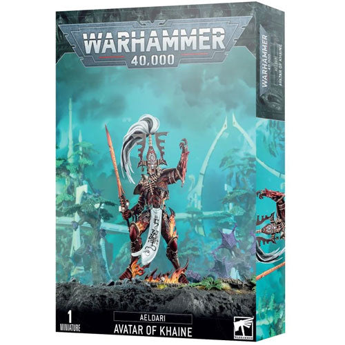 Warhammer 40k: Aeldari - Avatar of Khaine box features a painted, armored warrior with flaming sword in a mystical forest.