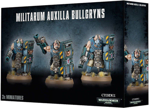Warhammer 40k: Astra Militarum - Bullgryns box includes three armored figures with shields and weapons on detailed bases. The packaging features Citadel and Warhammer 40,000 logos.