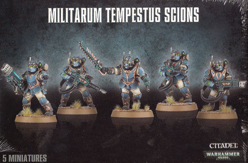 Five painted Warhammer 40k: Militarum Tempestus Scions miniatures in futuristic armor with various weapons on round bases, blue-toned background.