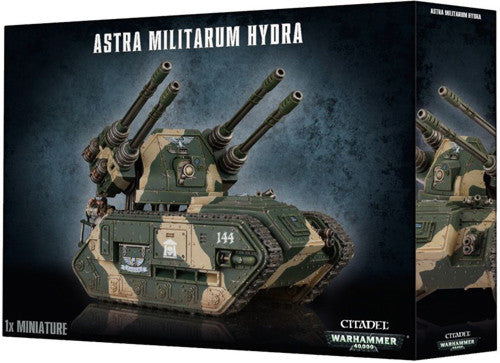 A box of Warhammer 40k: Astra Militarum Hydra, showing artwork of a green and tan camo tank with four anti-aircraft guns set against a dark blue background.