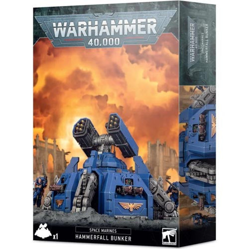 Box art for Warhammer 40k: Space Marines - Hammerfall Bunker shows a blue armored structure with turrets on a fiery battlefield, with the Warhammer 40,000 logo at the top.