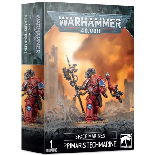 The Warhammer 40k: Space Marines - Primaris Techmarine box by Games Workshop features a red-armored Primaris Techmarine miniature.
