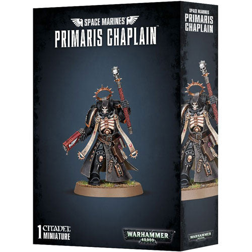 Box of Warhammer 40k: Space Marine Primaris Chaplain by Games Workshop, showing detailed artwork of the armored Chaplain with gothic and skull motifs, wielding a crozius and plasma pistol.