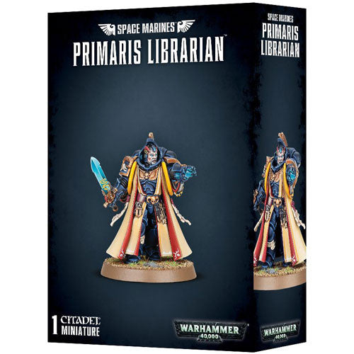 The Warhammer 40k: Space Marines Primaris Librarian box from Games Workshop includes a detailed miniature of a blue-armored Space Marine, complete with a glowing sword, staff, and intricate decorations—ideal for collectors and Warhammer enthusiasts.