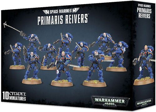Box of Warhammer 40k: Space Marines Primaris Reivers. The front shows 10 painted miniatures in blue armor, each wielding different weapons and ready for battle. Produced by Games Workshop.