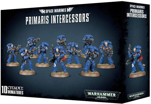 A box of Warhammer 40k: Space Marine - Primaris Intercessors from Games Workshop includes 10 blue-armored Citadel miniatures equipped with weapons.