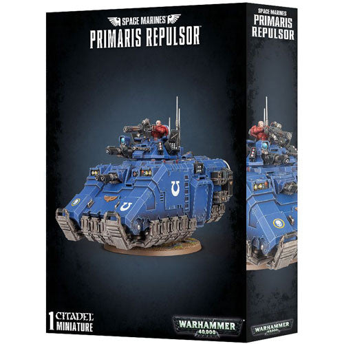 Box of Warhammer 40k: Space Marine Primaris Repulsor model kit, featuring a blue armored vehicle miniature with weapons by Games Workshop, labeled for assembly.