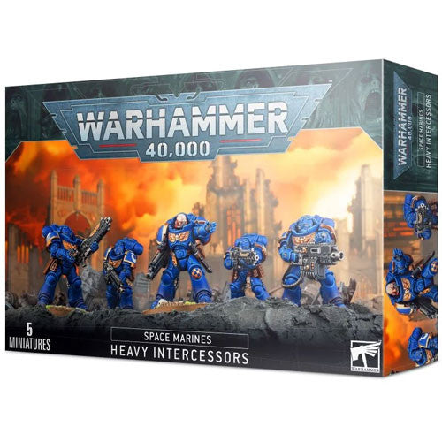 Warhammer 40k: Space Marines – Heavy Intercessors box includes five blue-armored miniatures with weapons in a fiery cityscape.