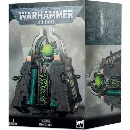 The Warhammer 40k: Necrons - Monolith is a plastic kit featuring a sci-fi pyramid with green accents and mechanical designs.