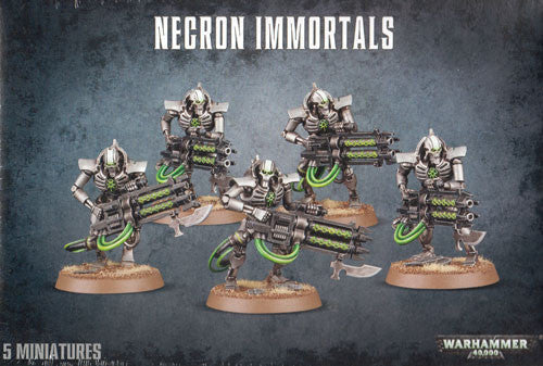 Five detailed Necron Immortals miniatures from Warhammer 40k: Necron Immortals/Deathmarks posed with futuristic guns against a dark textured background, product name at the top.