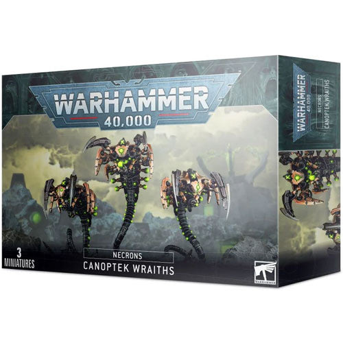 Box of Warhammer 40k: Necrons - Canoptek Wraiths miniatures by Games Workshop, including three mechanical, robot-like figures with green glowing accents, displayed against a sci-fi backdrop.