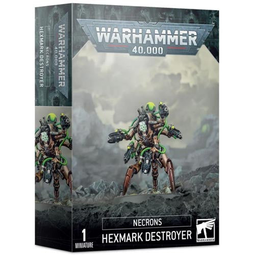 Warhammer 40k: Necrons - Hexmark Destroyer by Games Workshop features a multi-armed robotic miniature with green accents, set against a sci-fi rocky backdrop.