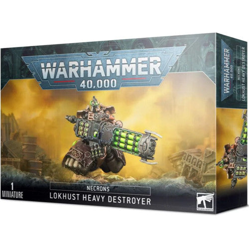 The Warhammer 40k: Necrons - Lokhusts Heavy Destroyer (Push-fit) box shows a robotic miniature with a large green and black weapon, marked "1 Miniature" on the front.