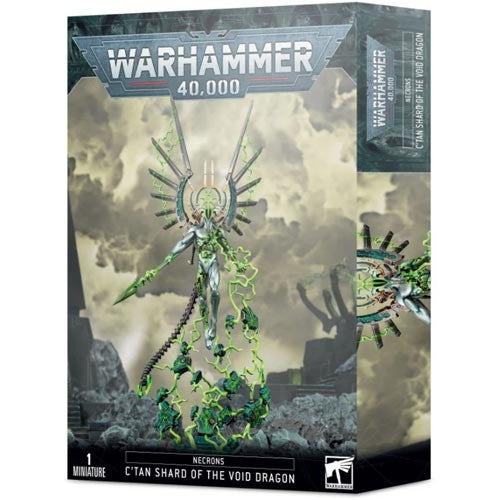 Warhammer 40k: Necrons - C'tan Shard of the Void Dragon box featuring the impressive Games Workshop miniature, with the figure shown floating amidst swirling green energy against a dramatic, sci-fi backdrop—a striking addition to any Warhammer miniatures collection.