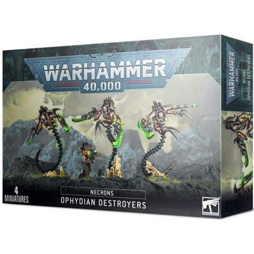 Warhammer 40k: Necrons - Ophydian Destroyers box by Games Workshop with four snake-like robots and green glowing weapons, plus details.